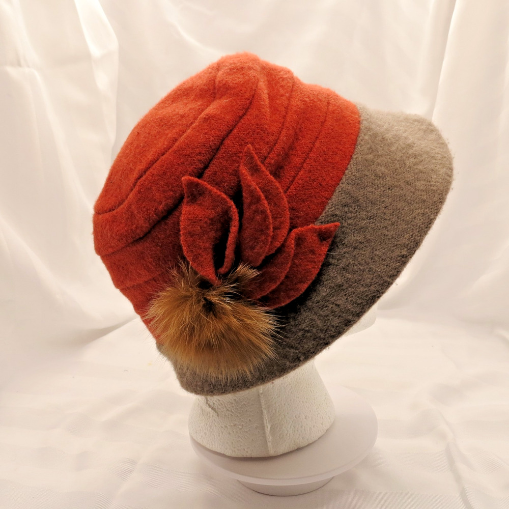 Wool Blend Cloche Hat Rust Orange Gray Wide Brim Flower Pom Accent 70% Wool
